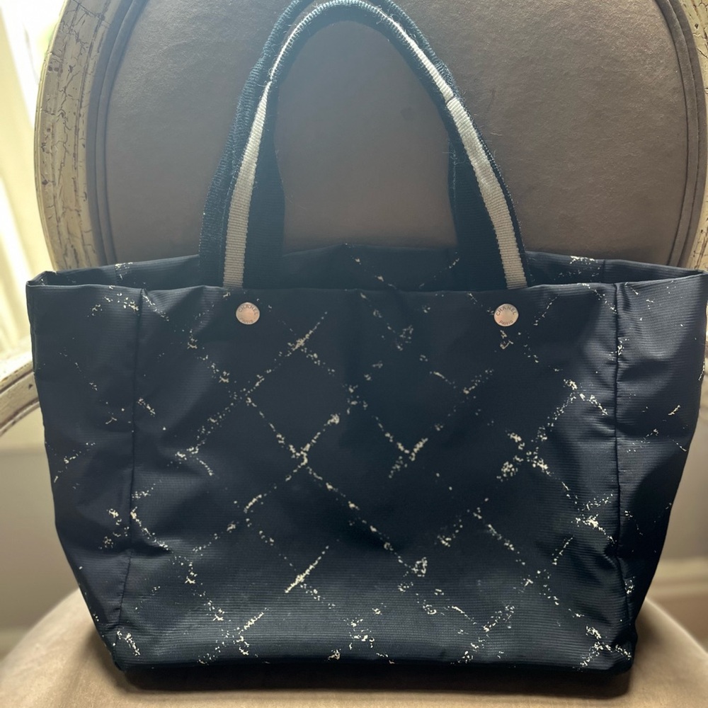 CHANEL Travel Line Tote Bag Nylon Black White Handbag Classic VGUC